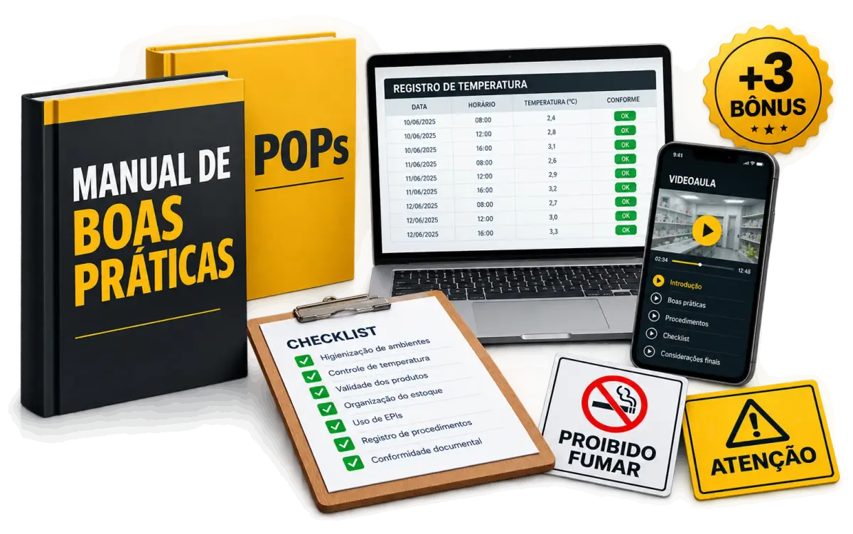 Tudo o que você recebe: Manual de Boas Práticas, POPs, planilhas de registro, videoaulas, checklist de inspeção, placas e 3 bônus